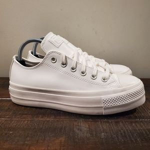 Converse Chuck Taylor All Low Top Leather Platform Shoes Womens 8 Triple White